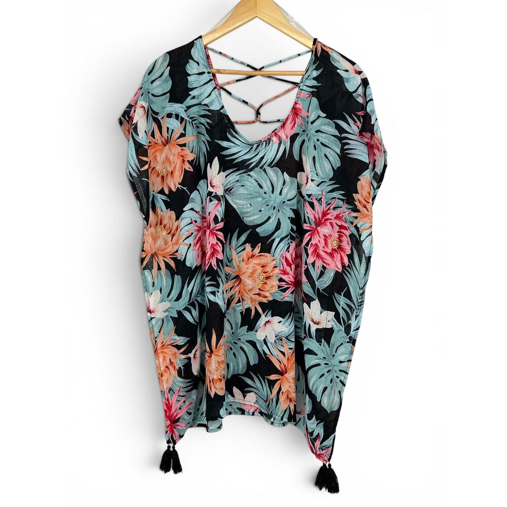 Kona Sol Lattice Black Tropical Floral Print Cover Up Size Small Swim‎ Cover